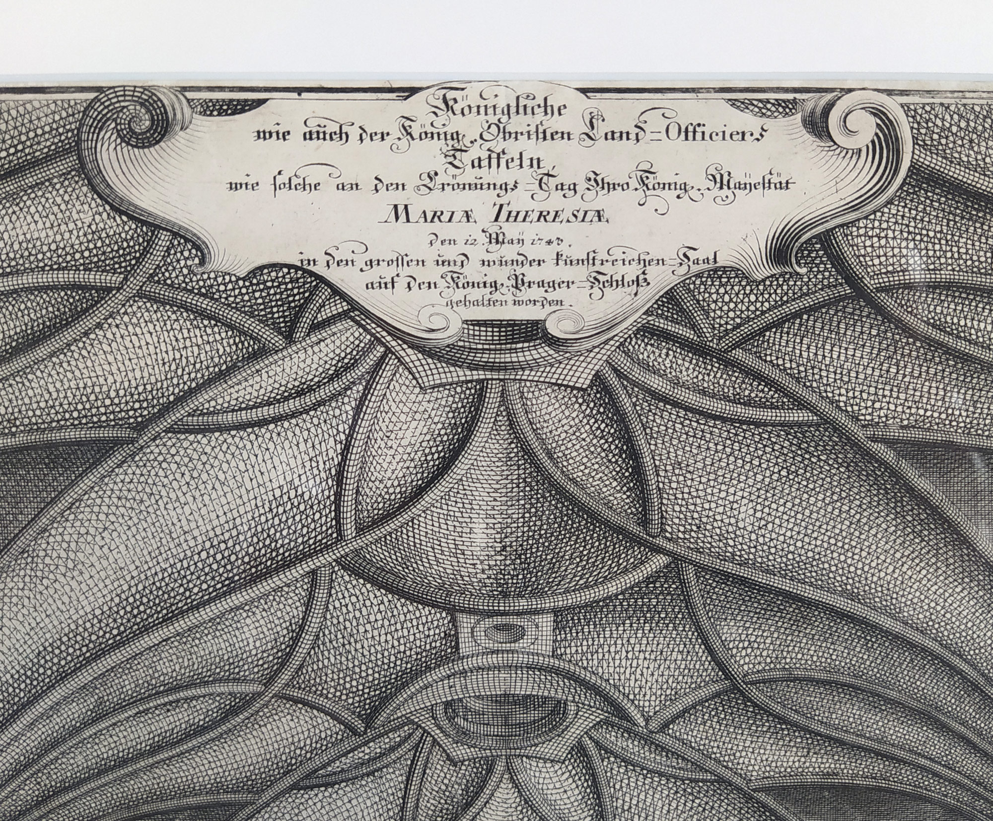 Praha – Vladislavský sál, Korunovace Marie Terezie 1743, původní mědiryt, 1743