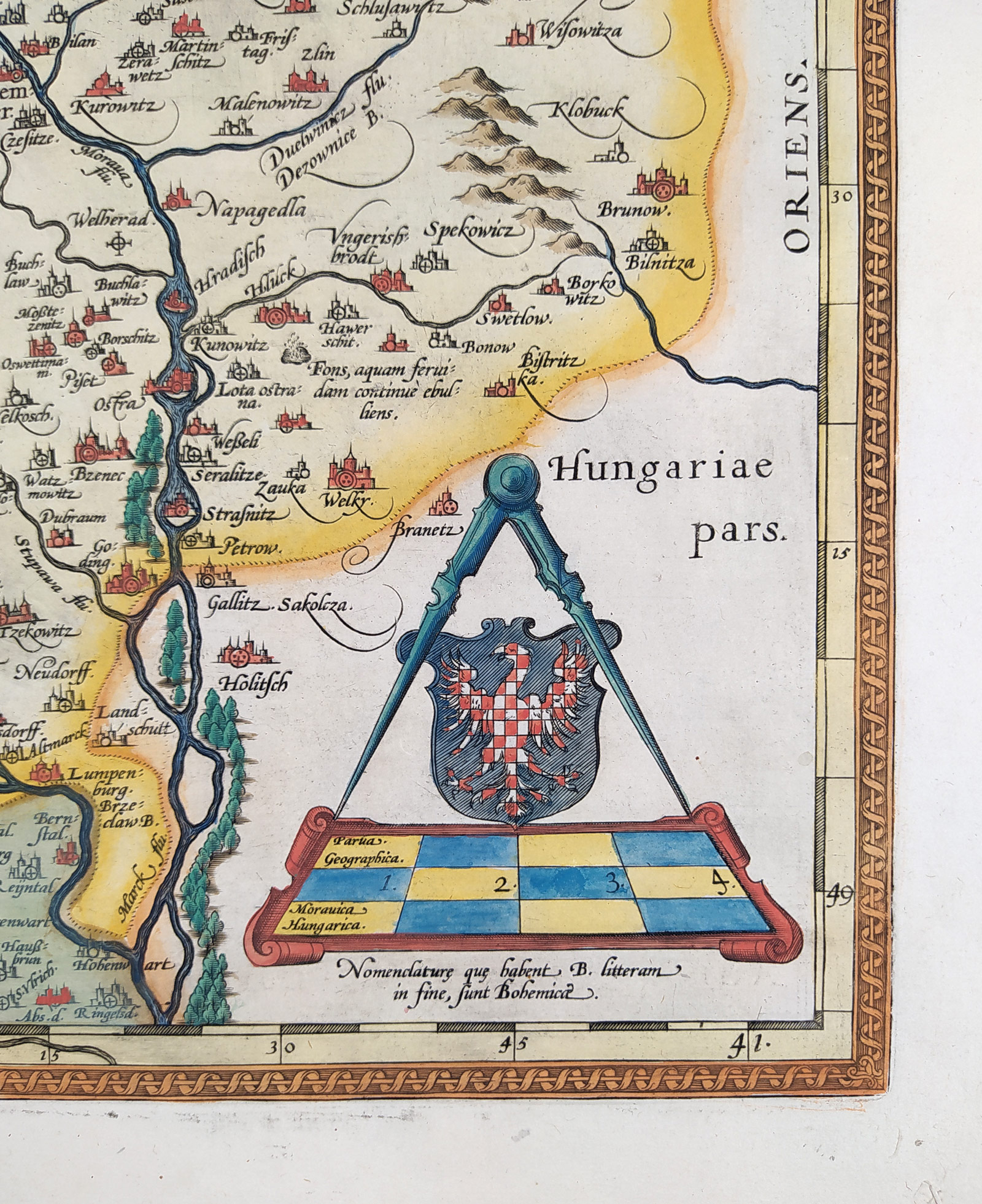 Morava – Fabritiova mapa, Ortelius Abraham, staře kolorovaný původní mědiryt, 1572