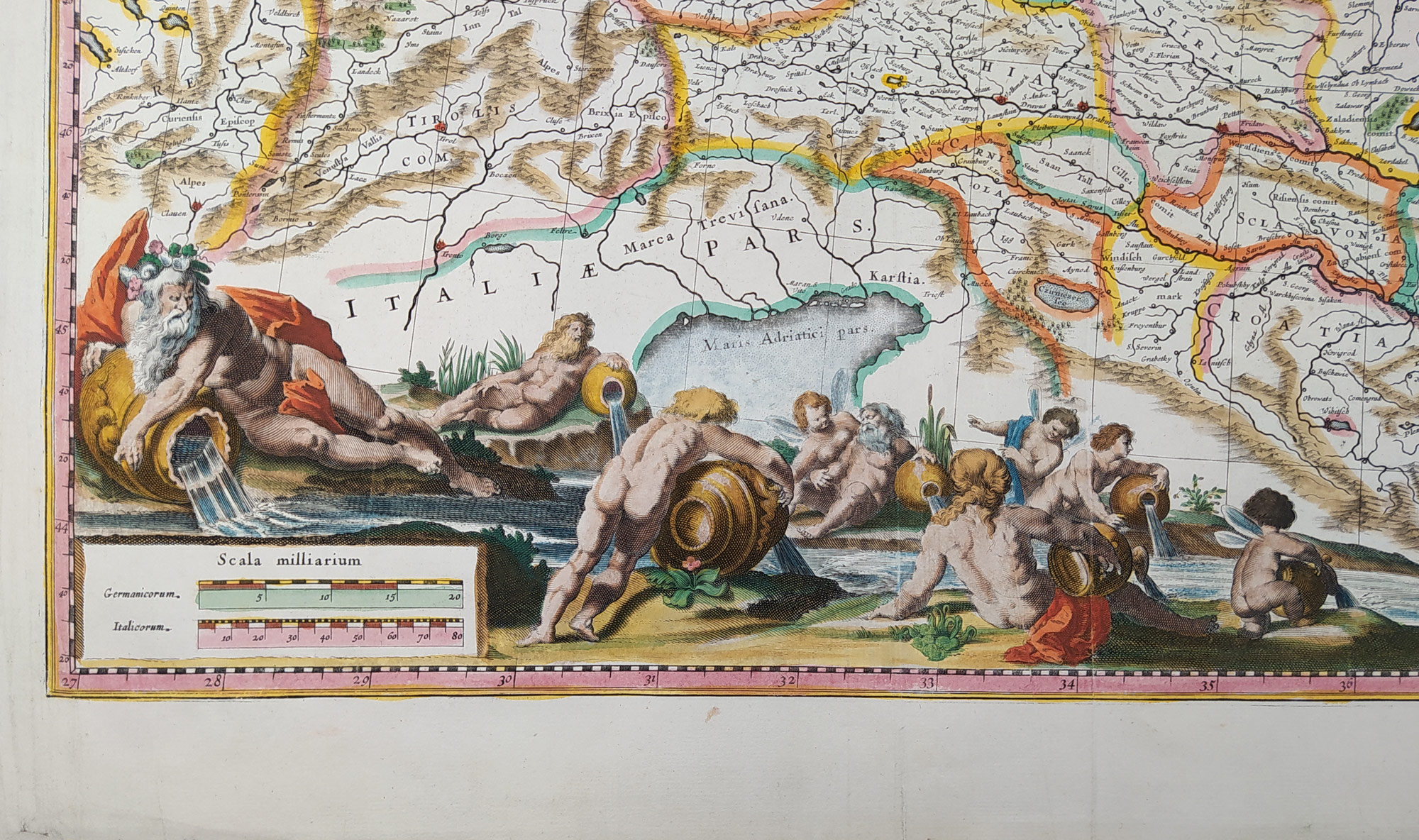 Mapa toku Dunaje od Alp až po Černé moře – Willem Janszoon Blaeu, staře kolorovaný mědiryt, 1635