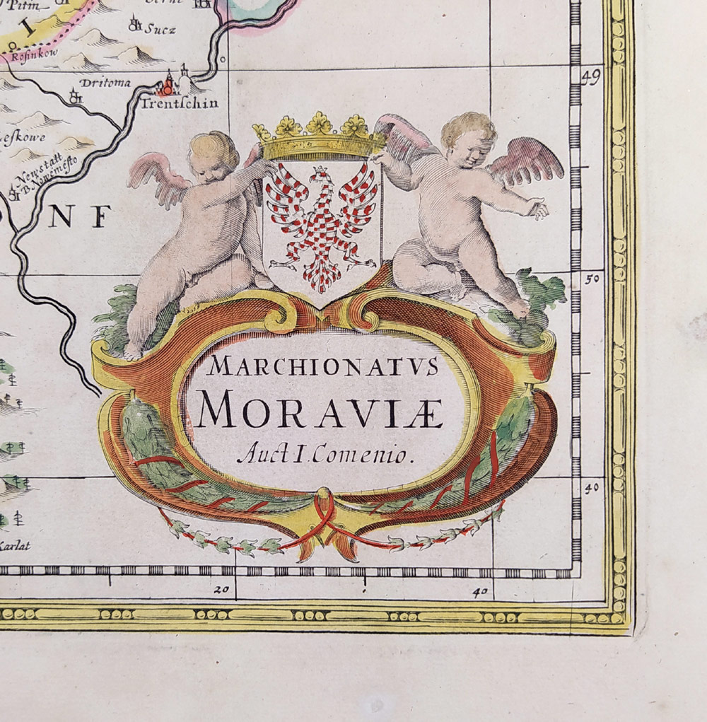 Morava – Komenského mapa Moravy, Johannes Janssonius–Waesberghe, staře kolorovaný mědiryt, 1680