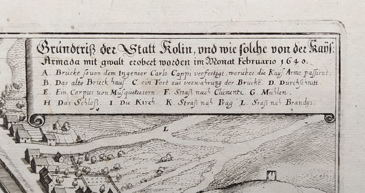 Kolín nad Labem – pohled na město z ptačí perspektivy, Matthäus Merian, původní mědiryt, 1650