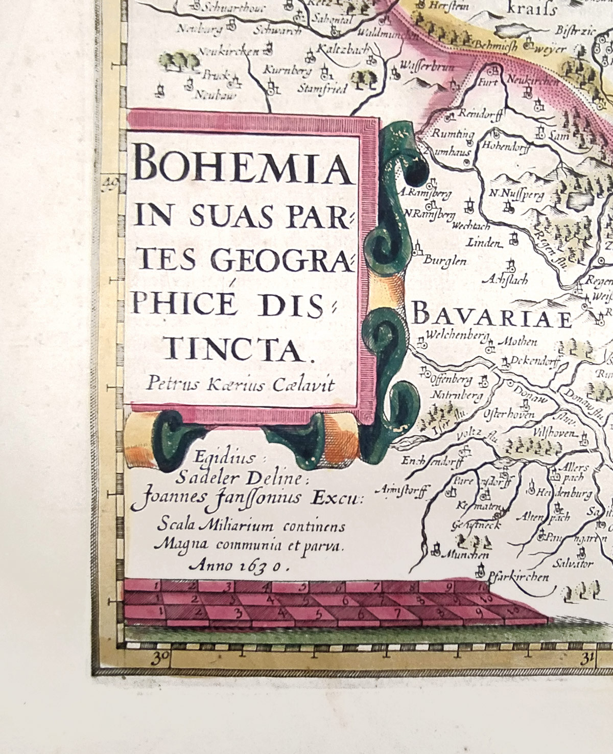 Čechy – Bohemia, P. Kaerius podle E. Sadelera, staře kolorovaný původní mědiryt, 1630