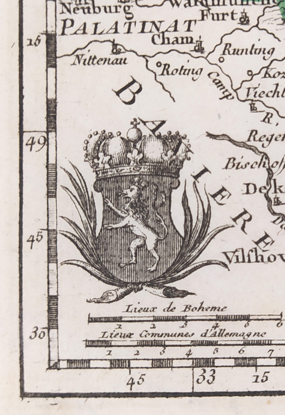 Čechy – podle Le Rougeovy mapy, J. B. Crépy, staře kolorovaný původní mědiryt, 1767