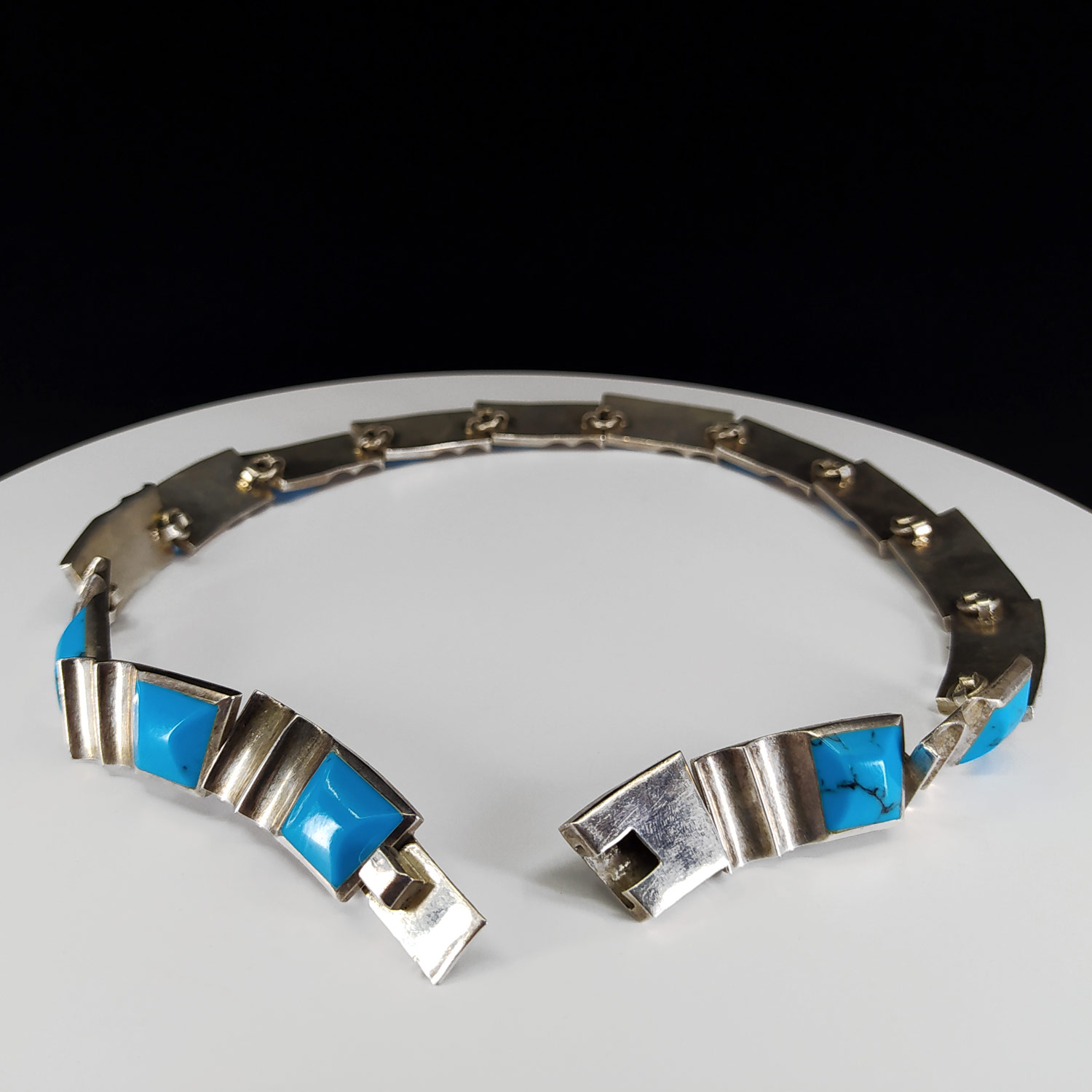 Stříbrný článkový náhrdelník s tyrkysy, Taxco, Mexiko