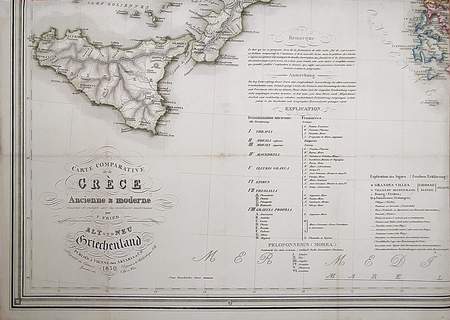 Řecko – Srovnávací mapa, 4 díly, F. Fried, staře kolorovaný původní mědiryt, 1830
