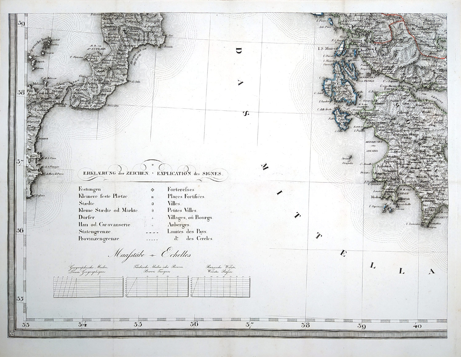 Řecko – Mapa Řecka a sousedících zemí, 4 díly, Tranquillo Mollo, původní, částečně kolorovaný oceloryt, 1827