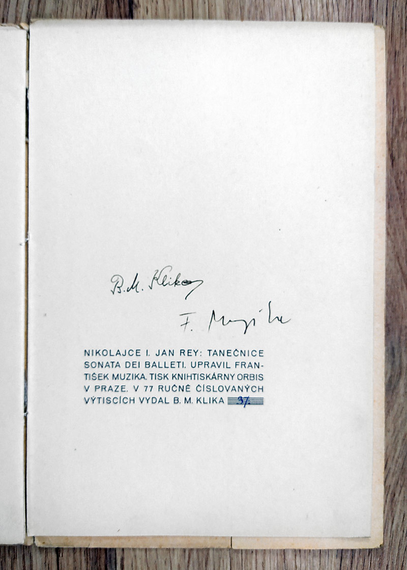 Rey Jan – Tanečnice. Sonata dei balleti, podpis František Muzika a B. M. Klika, 1928