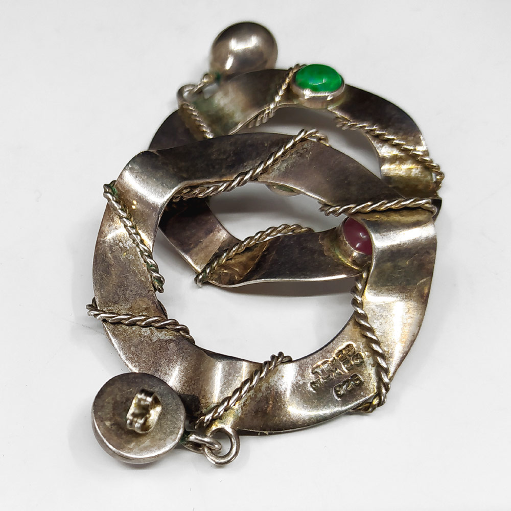 Stříbrné náušnice s onyxem, růženínem a malachitem, Taxco, Mexiko