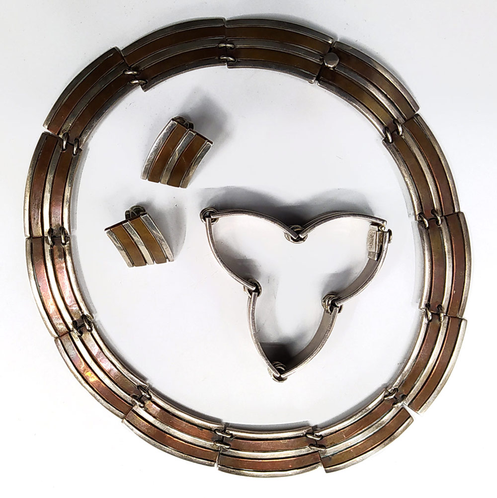 Sada stříbrných šperků v kombinaci s mědí, náhrdelník, náramek a náušnice, Mexiko