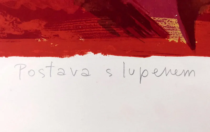 Čechová Olga – Postava s lupenem, rozměrná barevná litografie, 1970