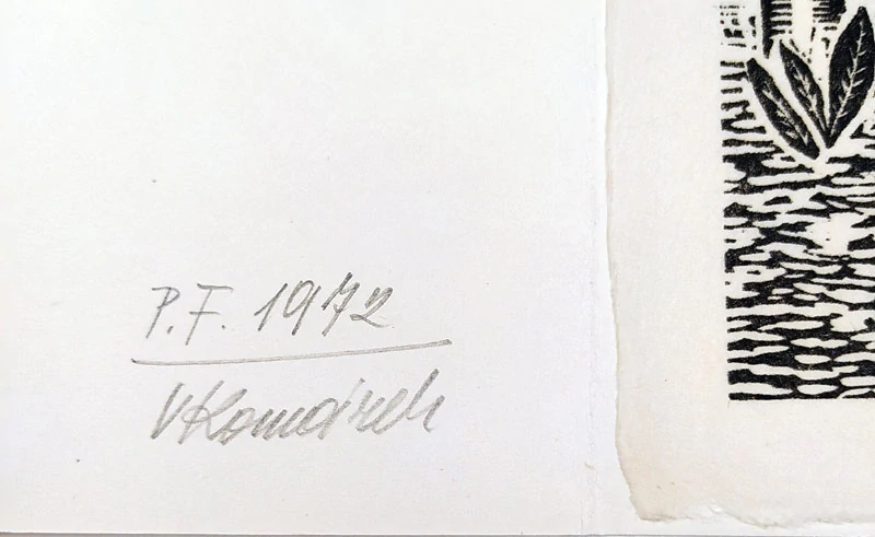 Komárek Vladimír – Svatý František, původní linoryt na japanu, 1972