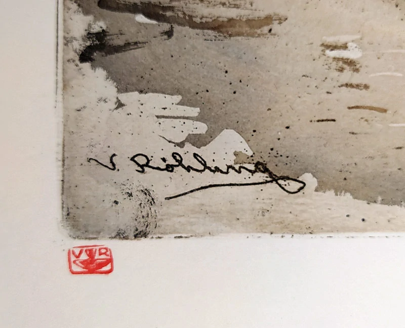 Röhling Vladislav – Zámecká věž a kolonáda v Karlových Varech, barevný lept, ca 1920–1930