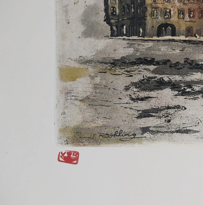 Röhling Vladislav – Praha, Staroměstská radnice, 9. května 1945, barevný lept, nedatováno