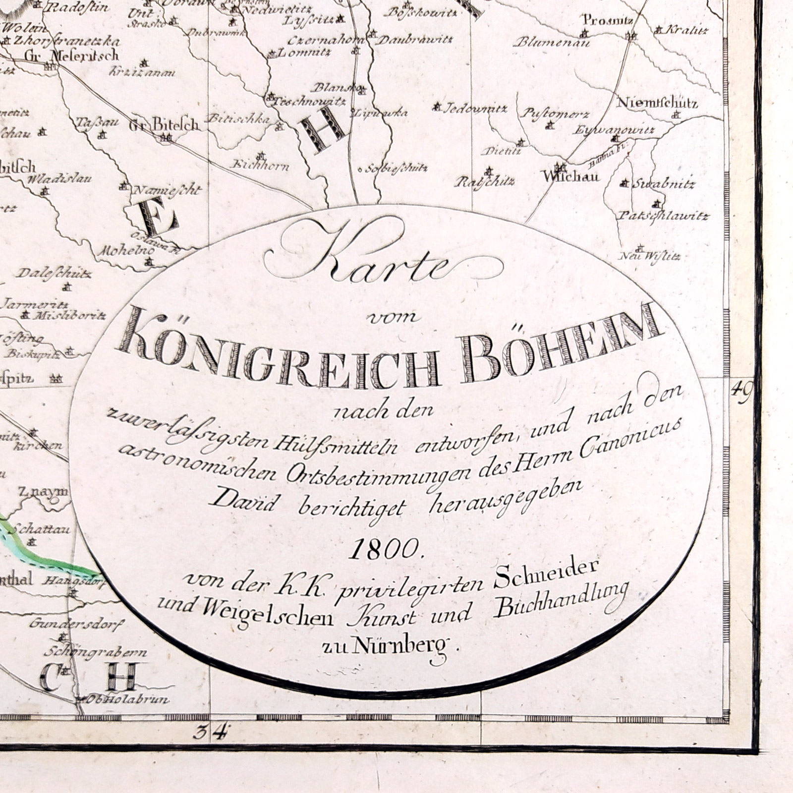  Čechy – Mapa království Českého, A. M. David, staře kolorovaný původní mědiryt, 1800