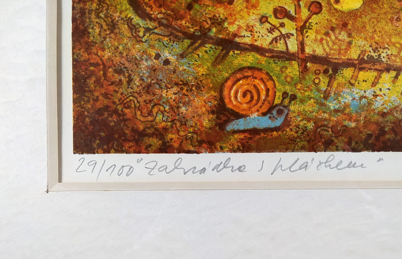 Paleček Josef – Zahrádka s ptáčkem, původní barevná litografie, 1975