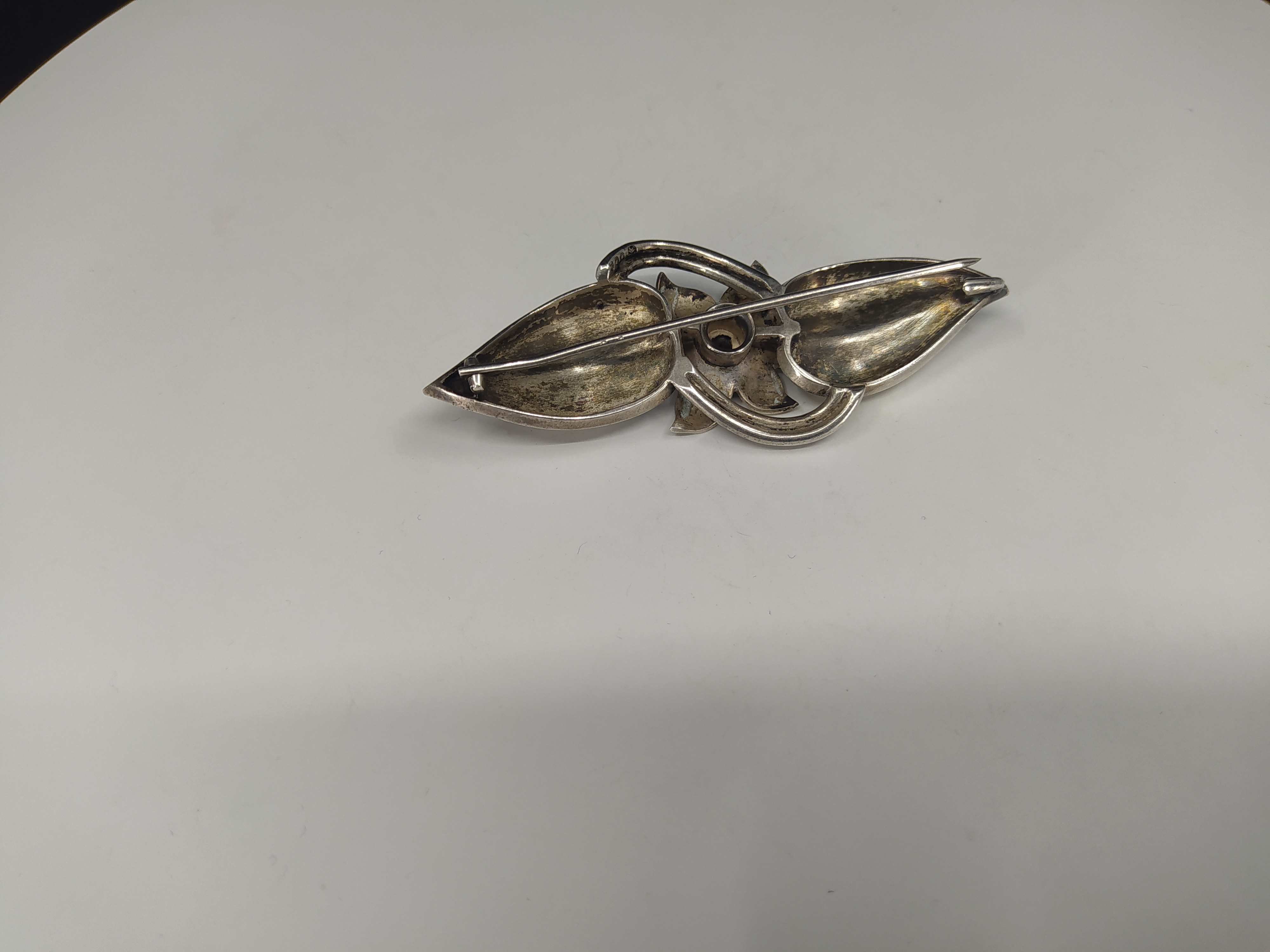 Stříbrná brož s florálním motivem, květ s listy, Evropa