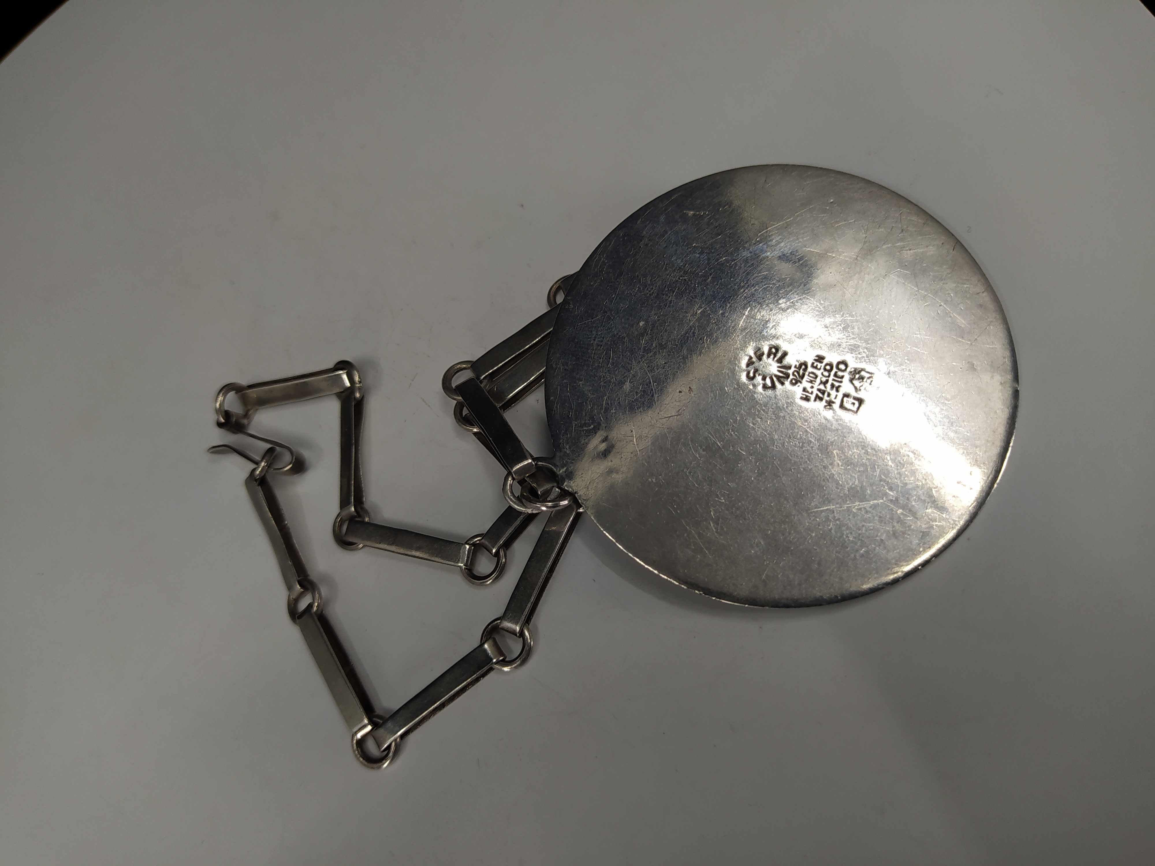 Geometrický stříbrný náhrdelník s perletí, Taxco, Mexiko