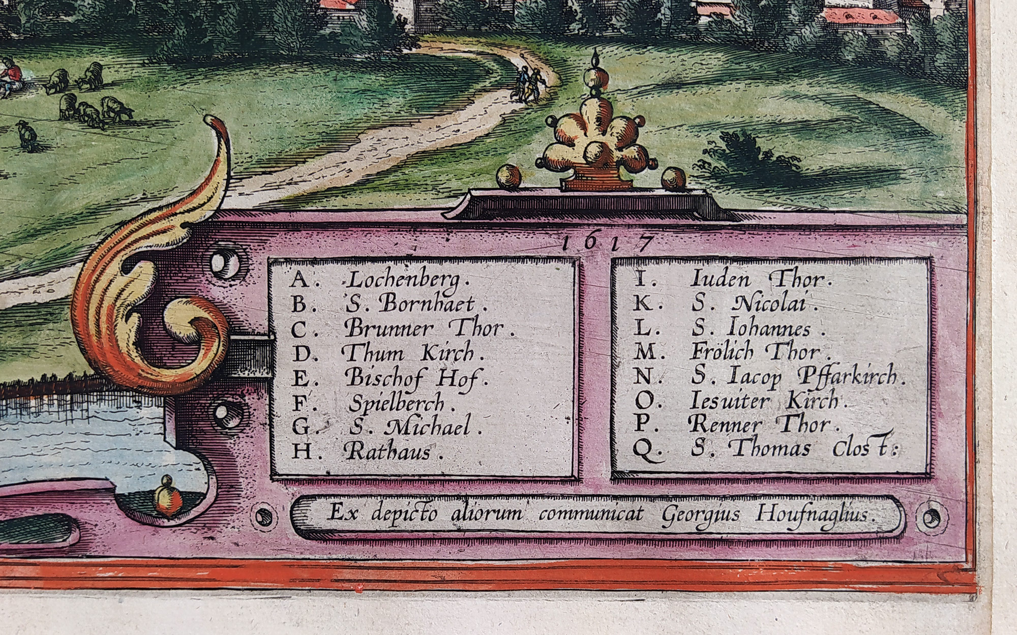 Brno – Georg Braun, Franz Hogenberg, staře kolorovaný původní mědiryt, 1617