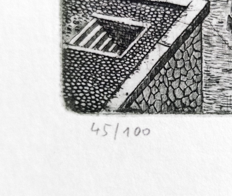 Pileček Jindřich – Babylonská věž, původní lept s barevným podtiskem, č. 132/170, 1994