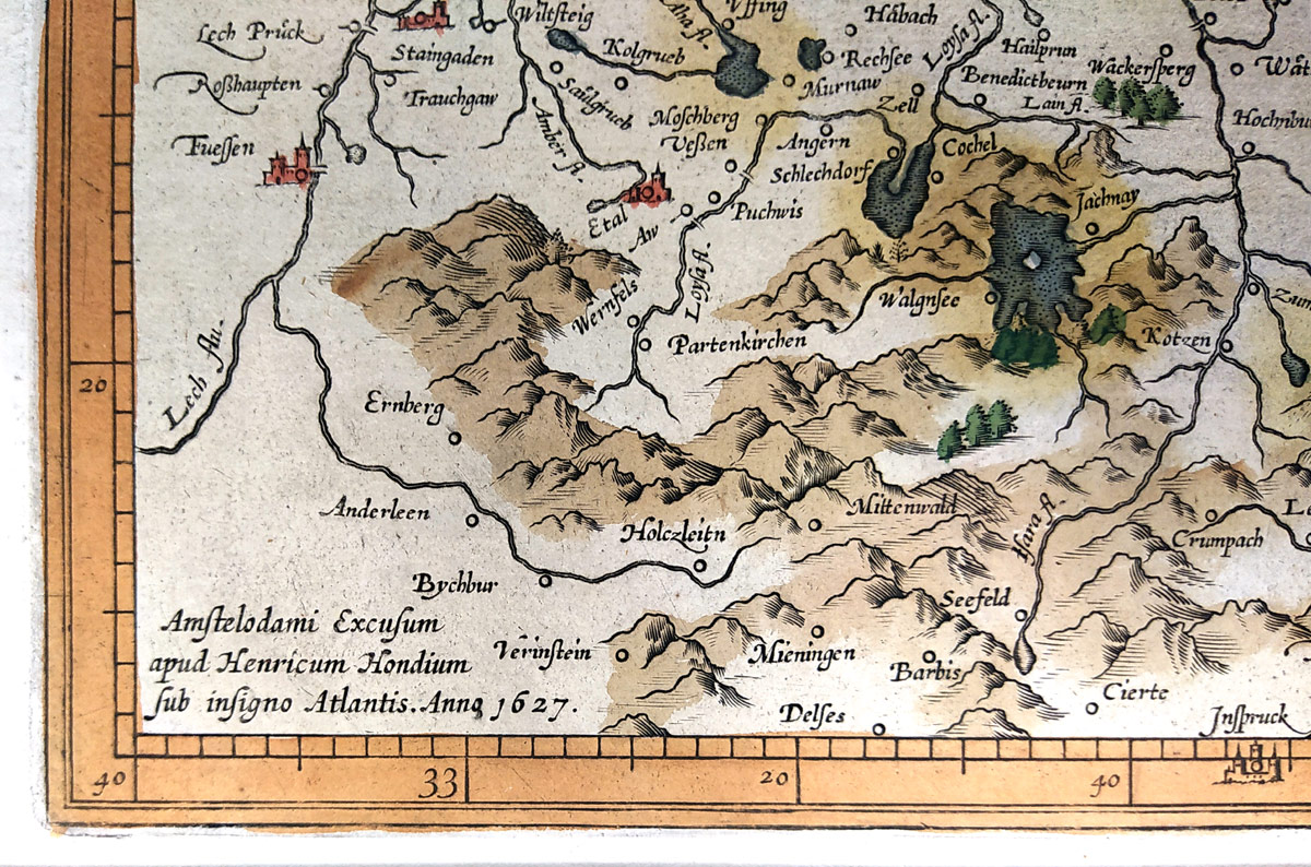Německo – Bavaria Ducatus, Gerard Mercator, Henric Hondius, staře kolorovaný původní mědiryt, 1633