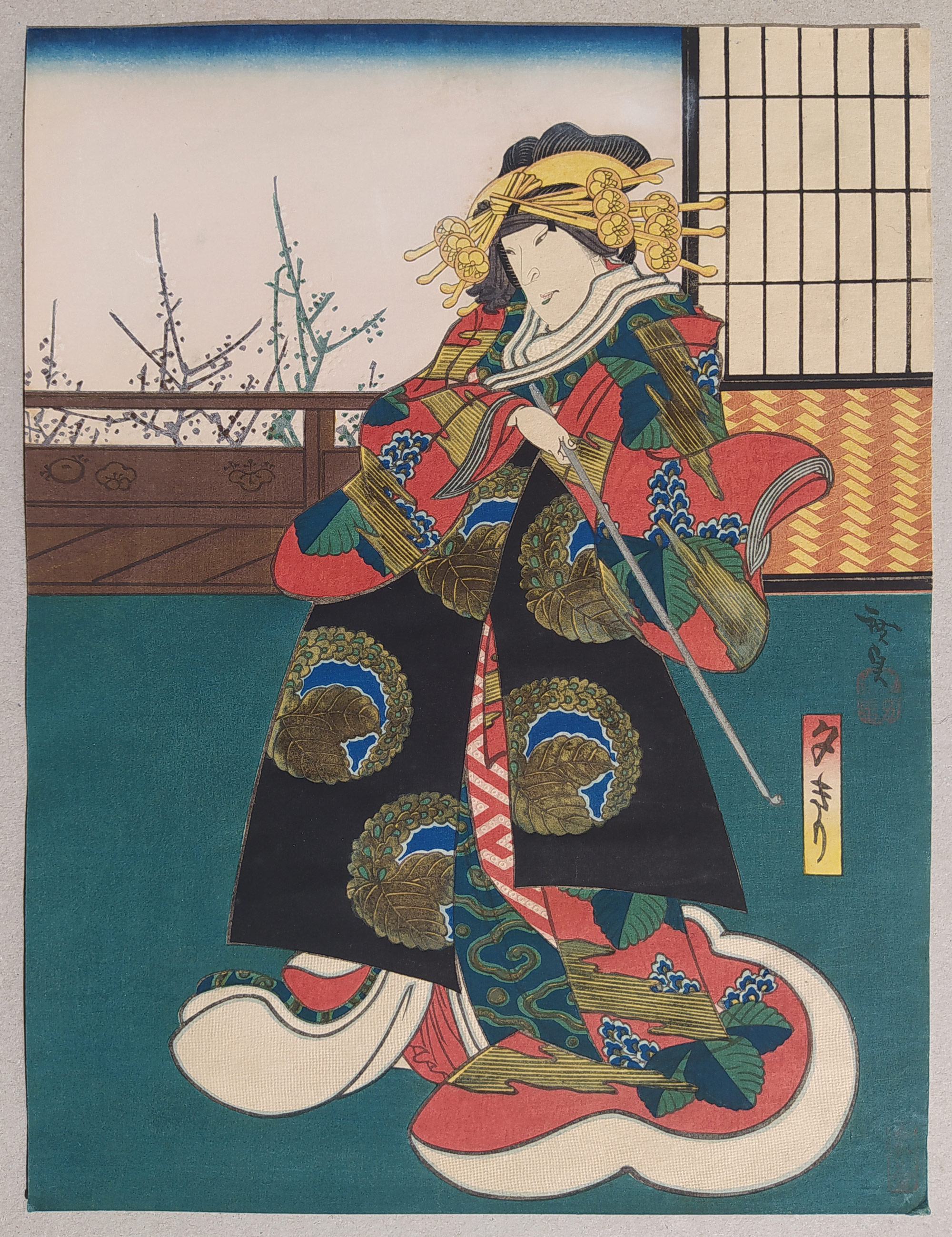 Hirosada, Konishi – Scéna z Kuruwa Bunsho, původní dřevořezy, triptych, 1850