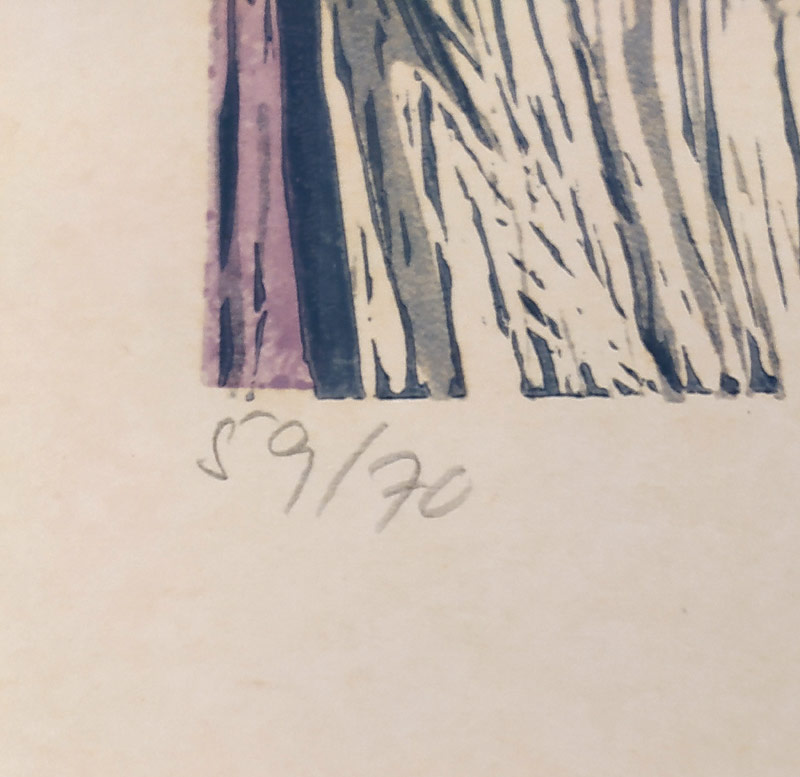 Válová Květa – Obejmutí, původní barevný dřevoryt, číslováno 59/70, 1992