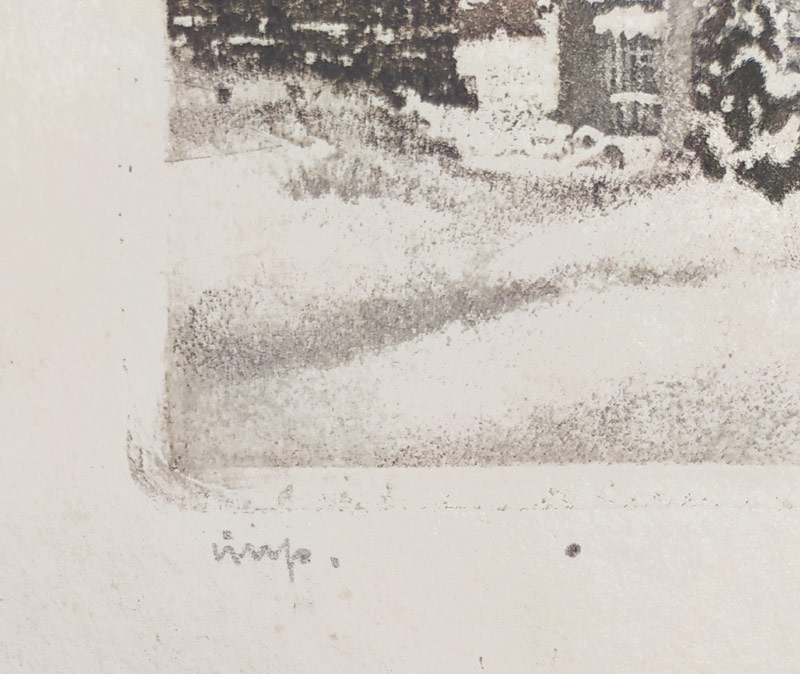 Stretti-Zamponi Jaromír – Zámek Molitorov v zimě, barevná akvatinta, autorský tisk, 1910–1920