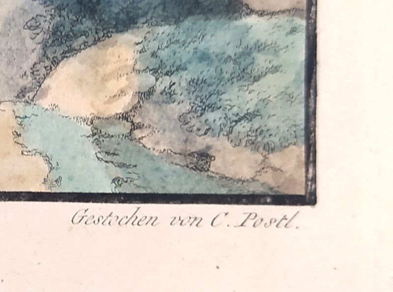 Praha – Pohled na Karlův most, Staré a Nové Město od Letohrádku královny Anny, staře kolorovaný lept, 1800