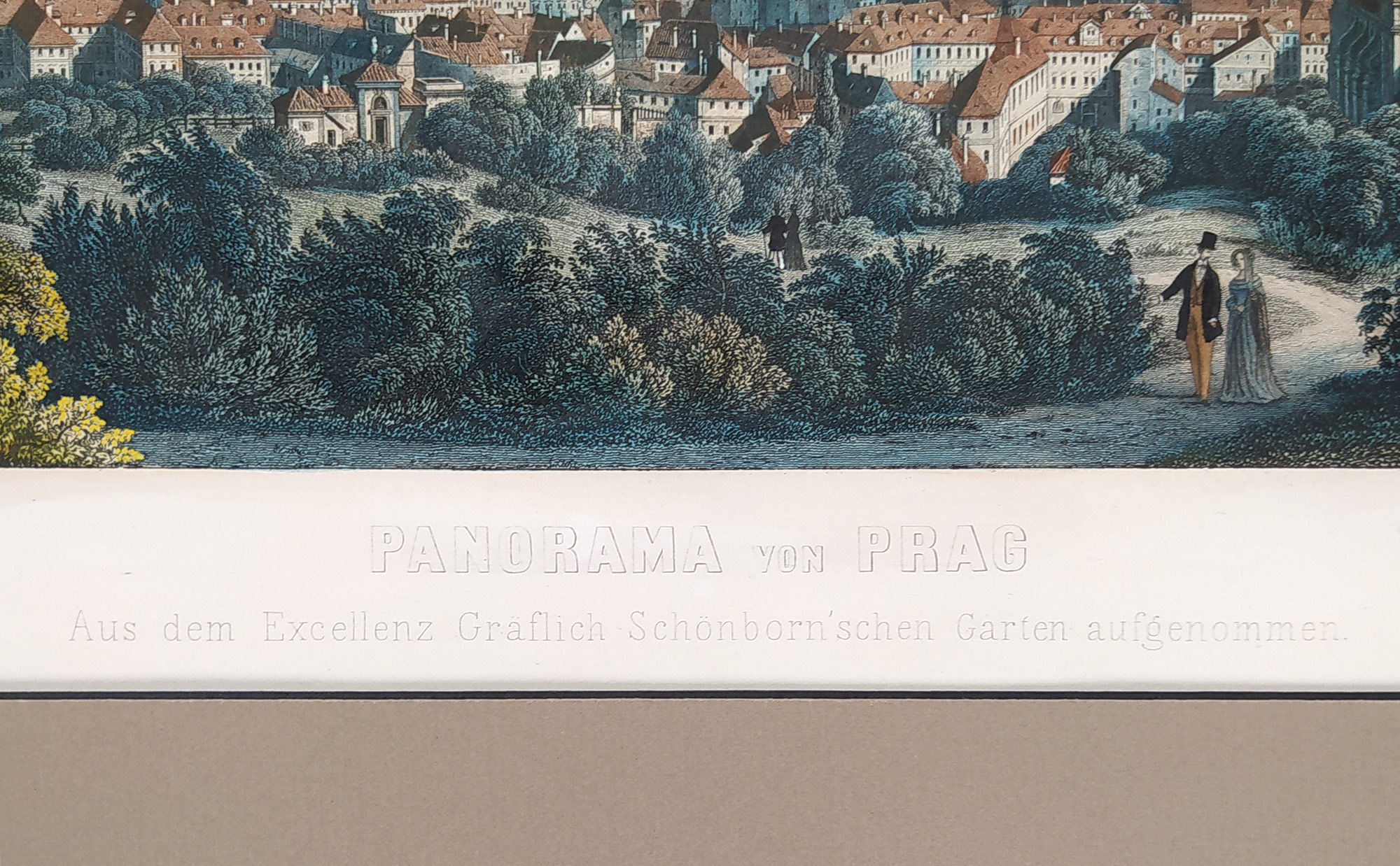 Praha – Panorama Prahy, Morstadt Vincenc, Rybička Josef, staře kolorovaný předleptaný oceloryt, 1852