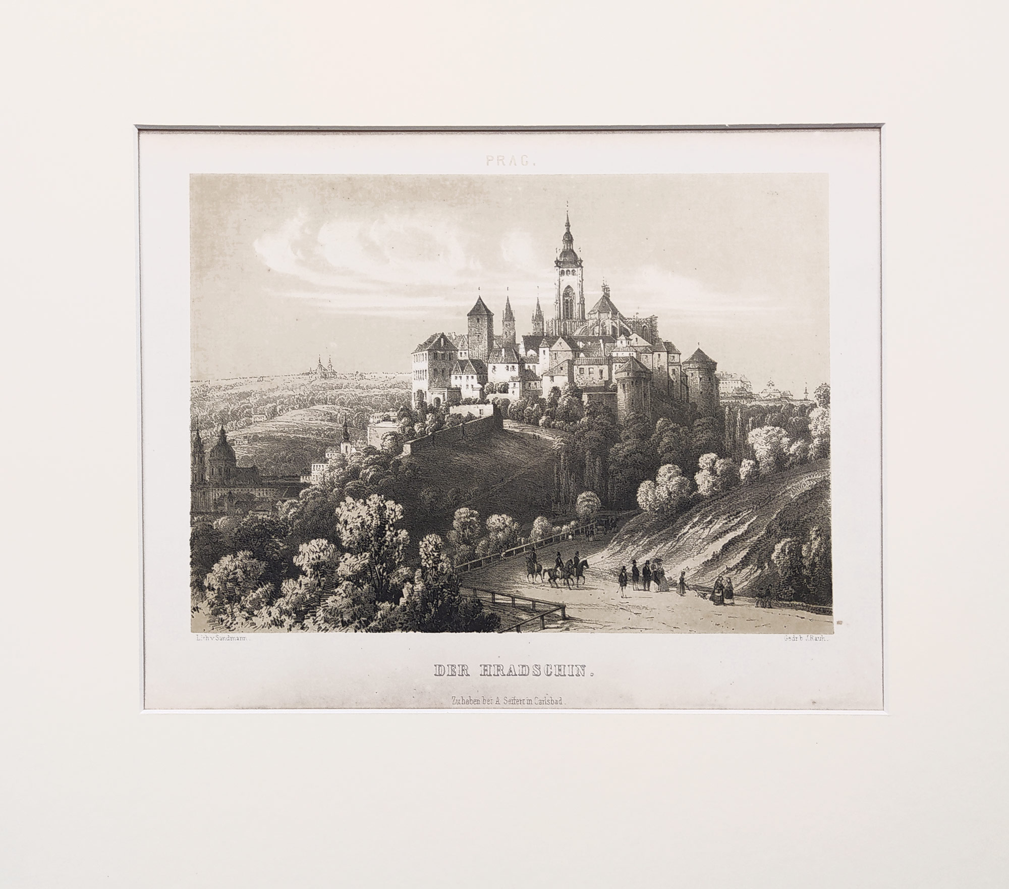 Praha – pohled na Pražský hrad, František Xaver Sandmann, původní litografie, 1860