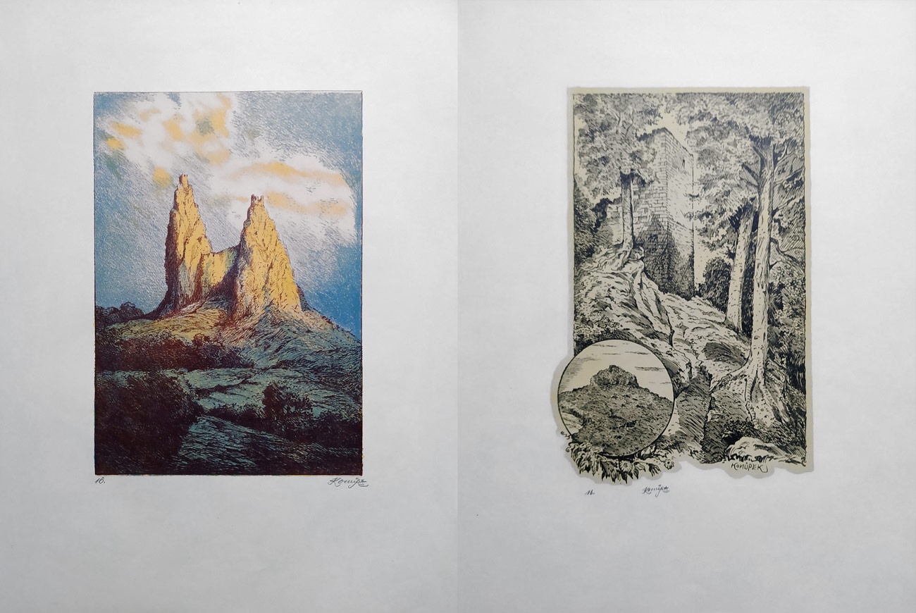 Konůpek Jan – Máchovské zříceniny, album, původní litografie, 1943