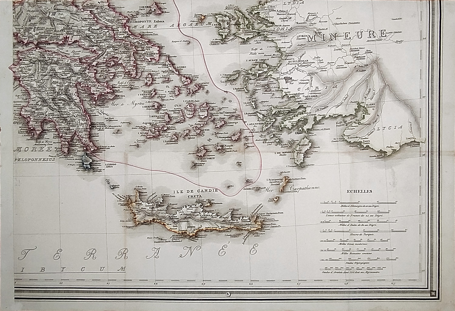 Řecko – Srovnávací mapa, 4 díly, F. Fried, staře kolorovaný původní mědiryt, 1830