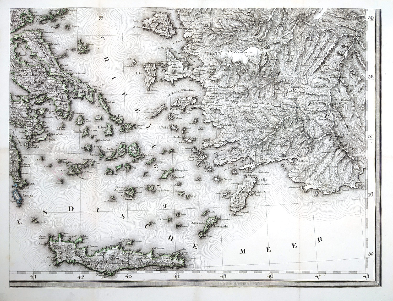 Řecko – Mapa Řecka a sousedících zemí, 4 díly, Tranquillo Mollo, původní, částečně kolorovaný oceloryt, 1827