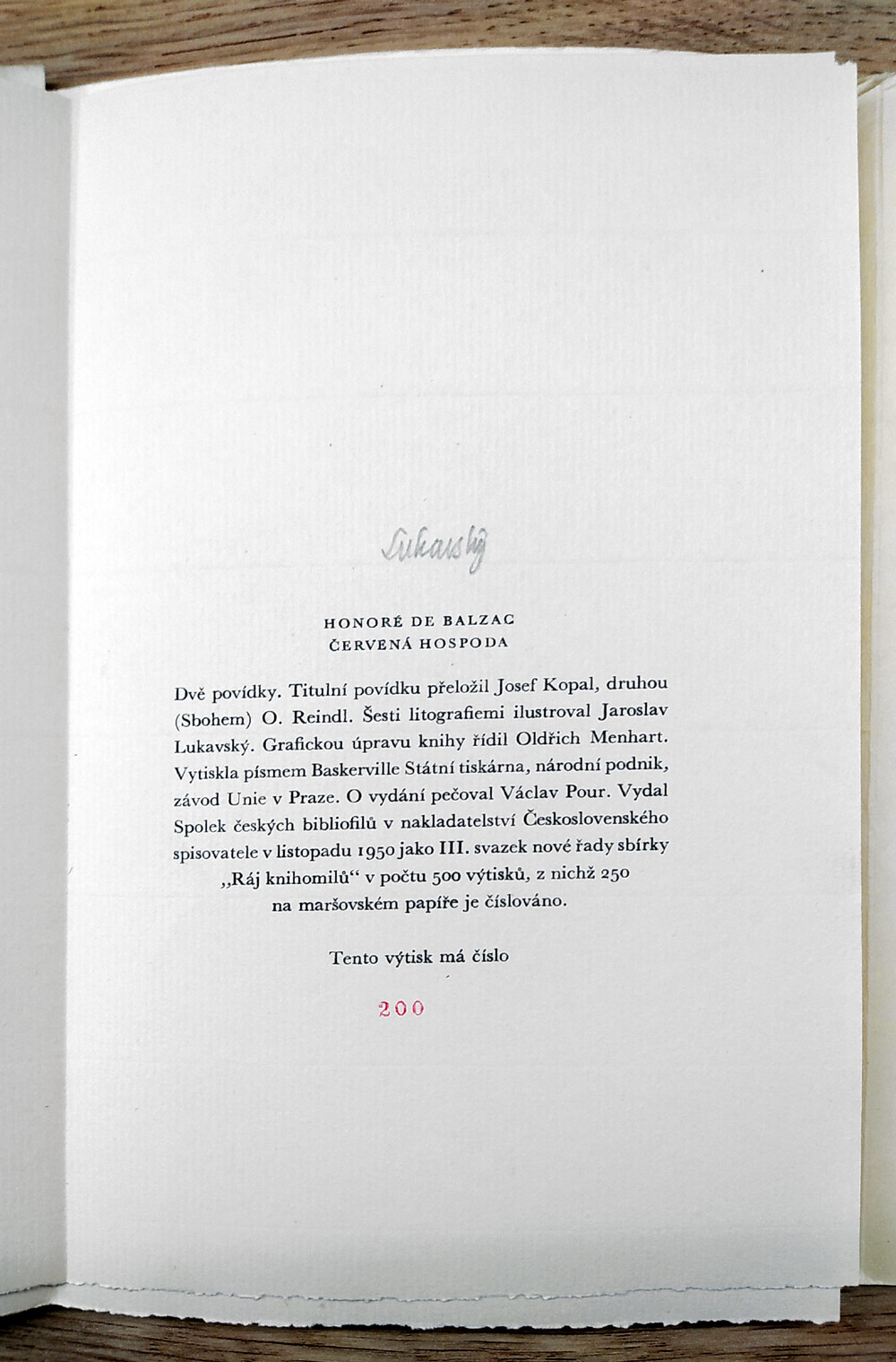 Balzac Honoré de – Červená hospoda, šest litografií: Jaroslav Lukavský, 1950