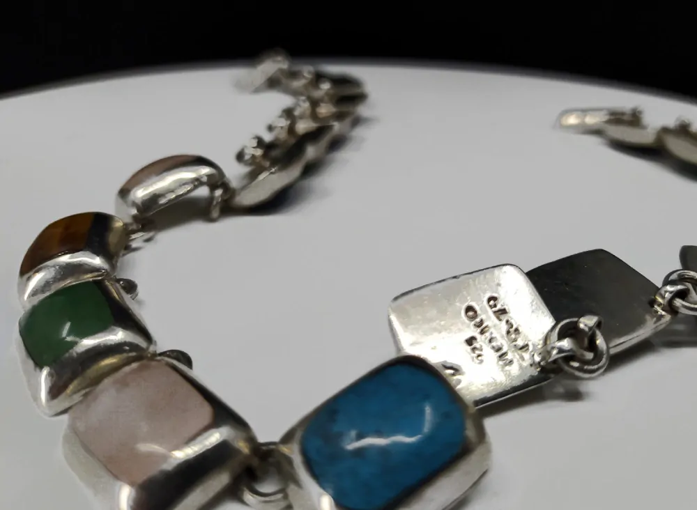 Stříbrný článkový náhrdelník s tygřím okem a drahými kameny – Taxco, Mexico