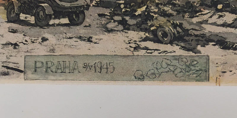 Röhling Vladislav – Praha, Staroměstská radnice, 9. května 1945, barevný lept, nedatováno