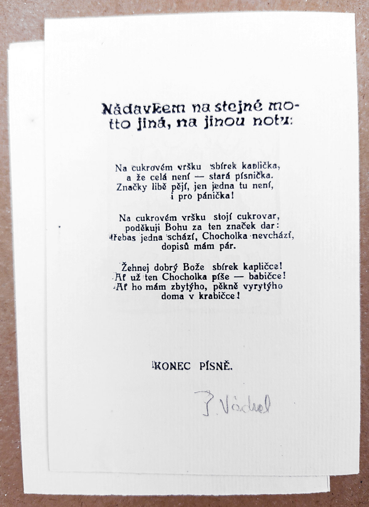 Váchal Josef – Píseň nová cukrovarského mládence, autorský příležitostný tisk, 1939–1945