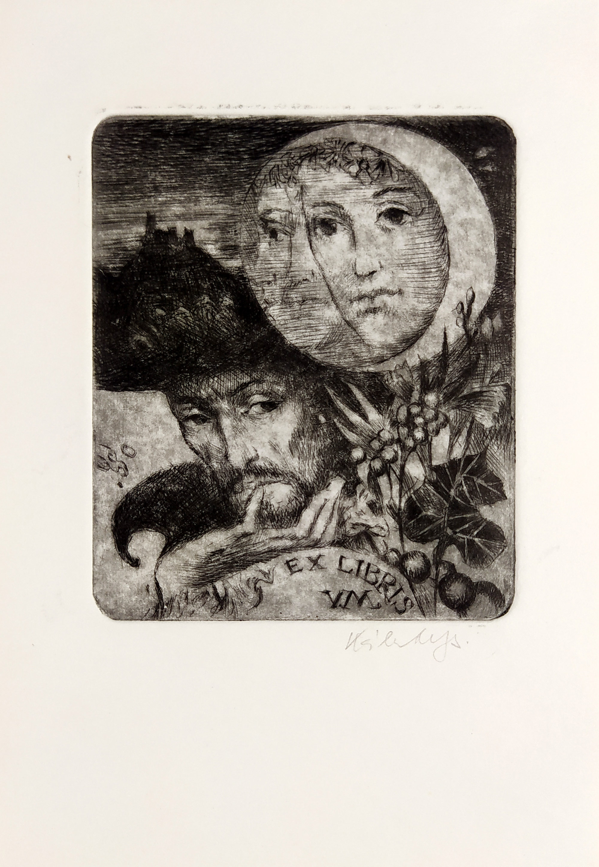 Kábrt Josef – Krysař, Ex libris V. N., PF 1984, tři zrnkové lepty s barevným podtiskem, ca 1983