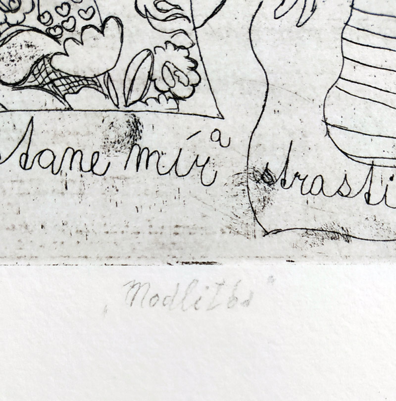 Černá Kateřina – Modlitba, str. 7 „Pieta“, sedmý list z knihy: Mé obrazy, kombinovaná technika, AT, 1985