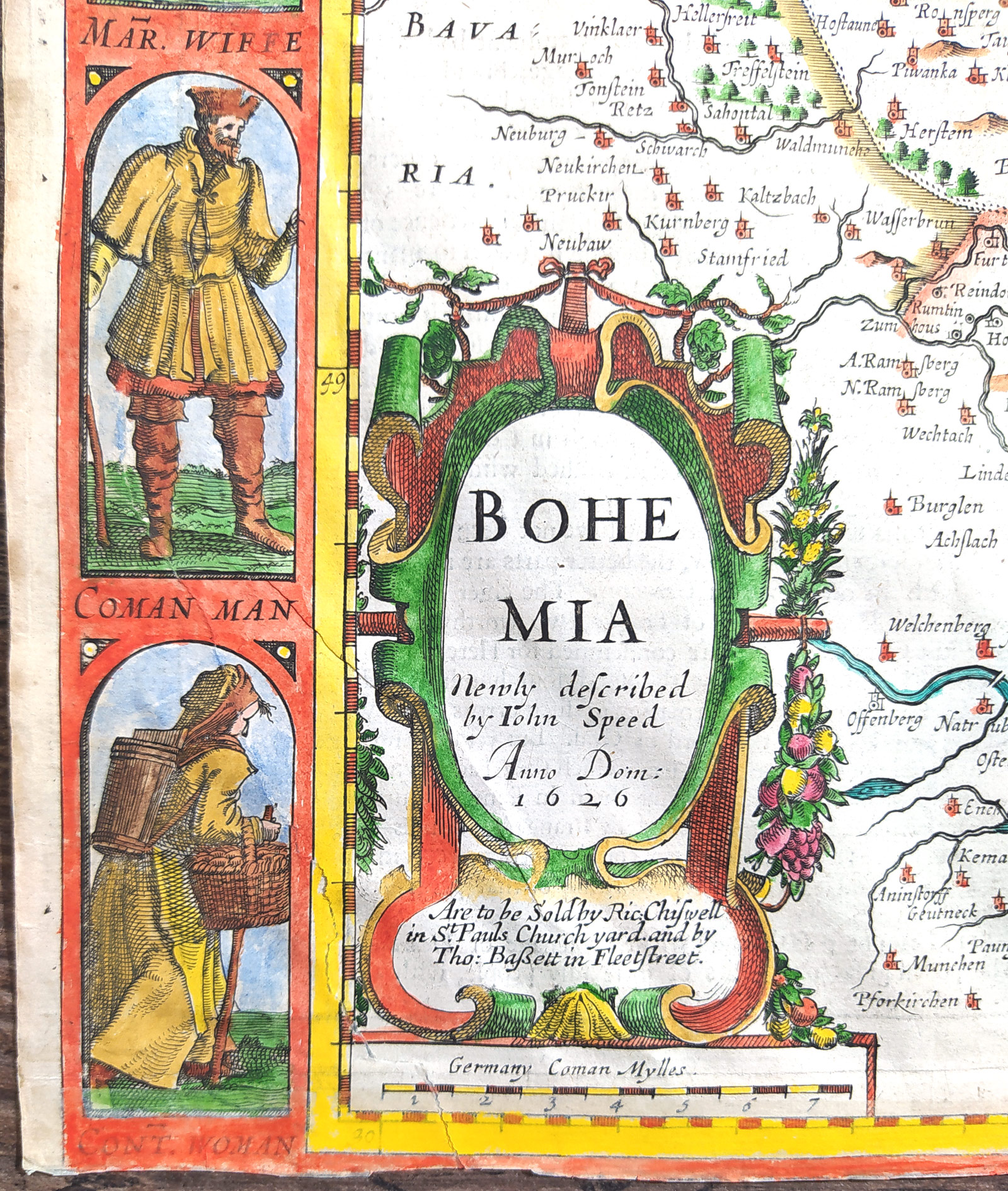 Čechy – John Speed, stará mapa Čech na prodej, původní staře kolorovaný mědiryt, 1626