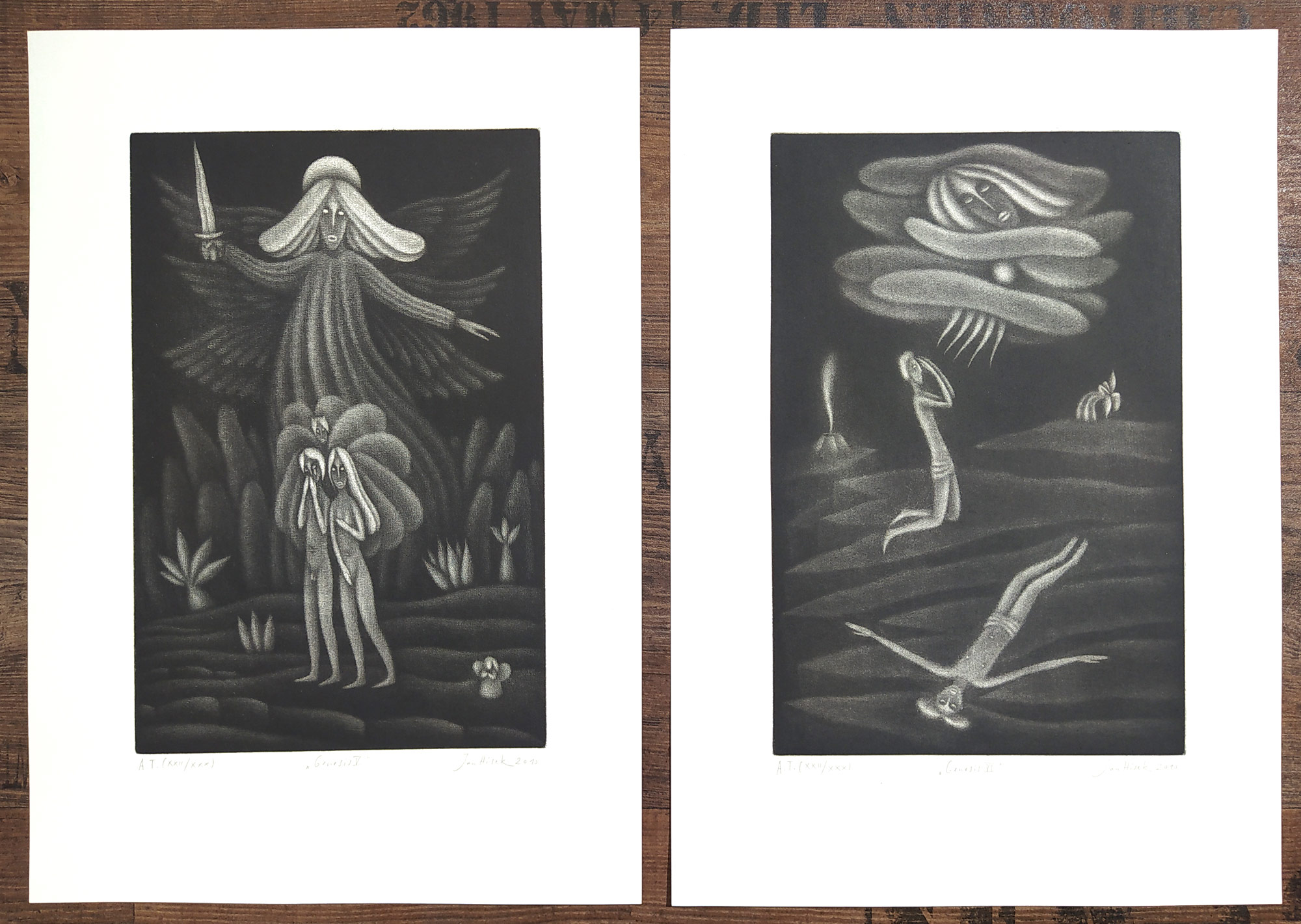 Hísek Jan – Genesis, osm signovaných mezzotint, KGB v Praze, číslováno XXII/XXX, 2011