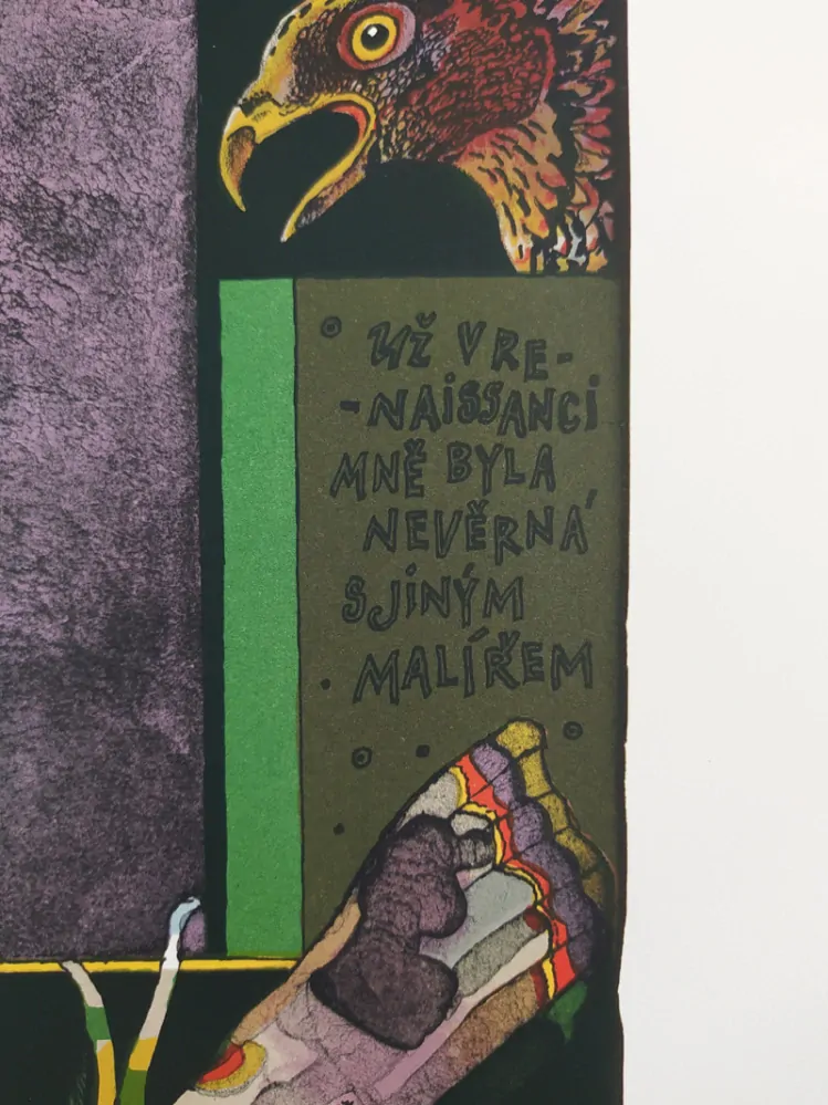 Liesler Josef – Líbal jsem nožky Vám, Autoportrét, velkoformátová barevná litografie, 1986