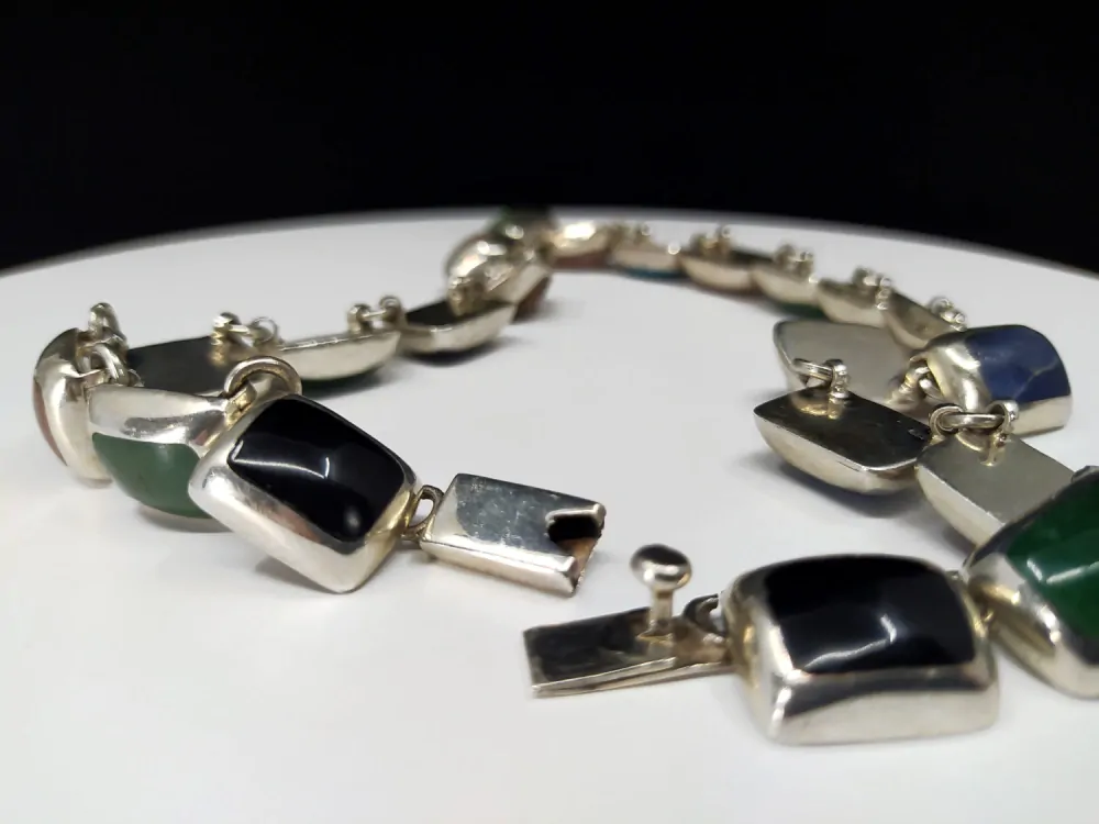 Stříbrný článkový náhrdelník s tygřím okem a drahými kameny – Taxco, Mexico