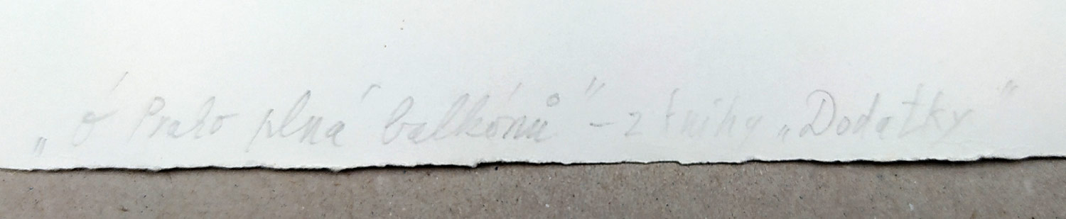 Černá Kateřina – Ó Praho plná balkónů, pro knihu „Dodatky“, autorský tisk, kombinovaná technika, 2001