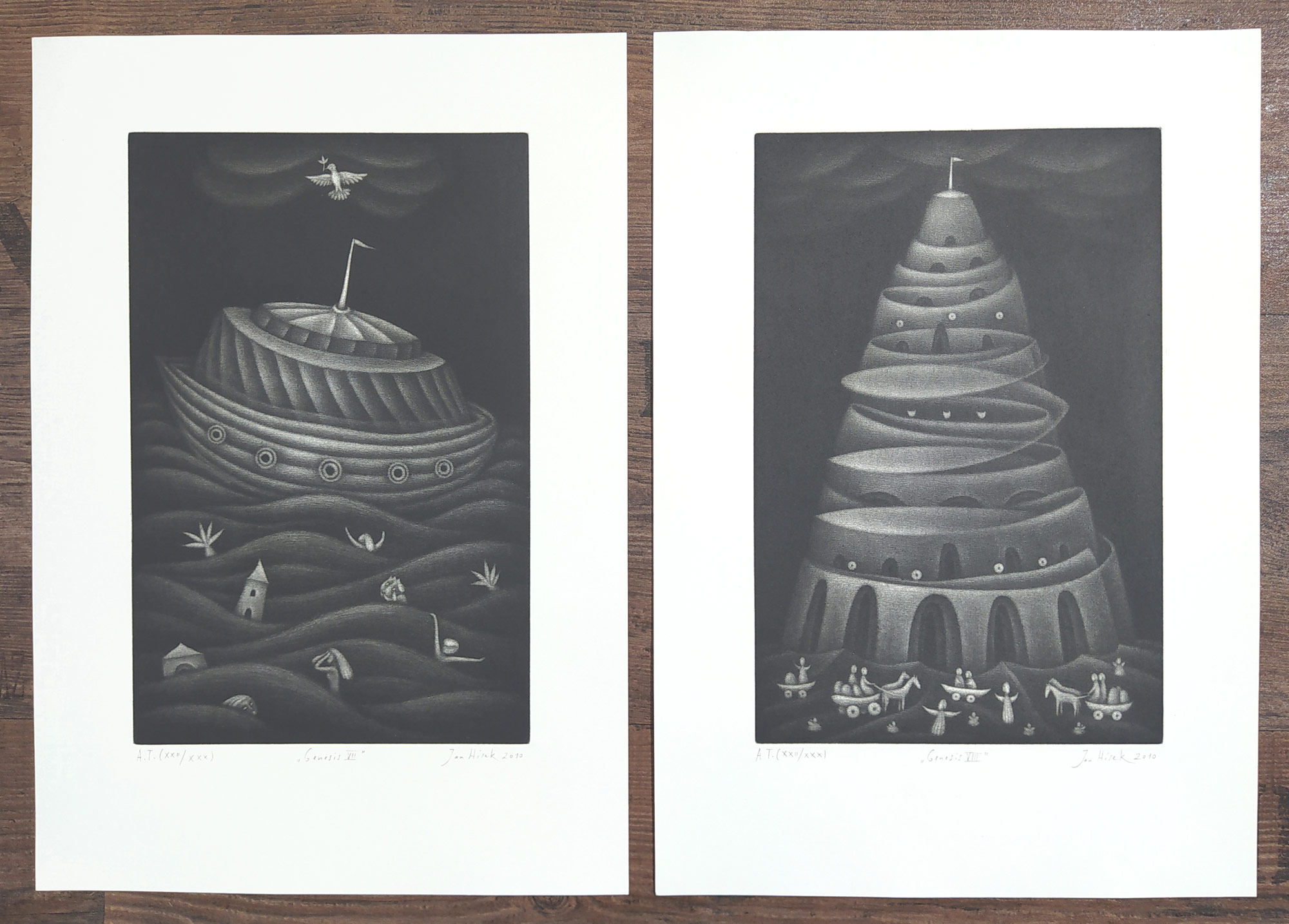 Hísek Jan – Genesis, osm signovaných mezzotint, KGB v Praze, číslováno XXII/XXX, 2011
