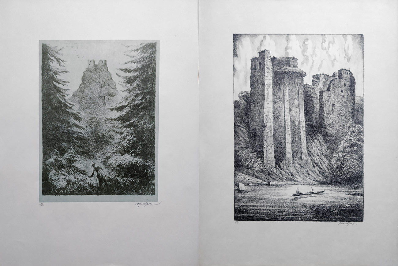 Konůpek Jan – Máchovské zříceniny, album, původní litografie, 1943
