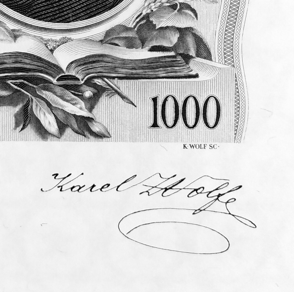 Schirnböck Ferdinand, Švabinský Max – dva návrhy na bankovku 1000 Kčs, 25. 5. 1934, hlubotisk, 1984