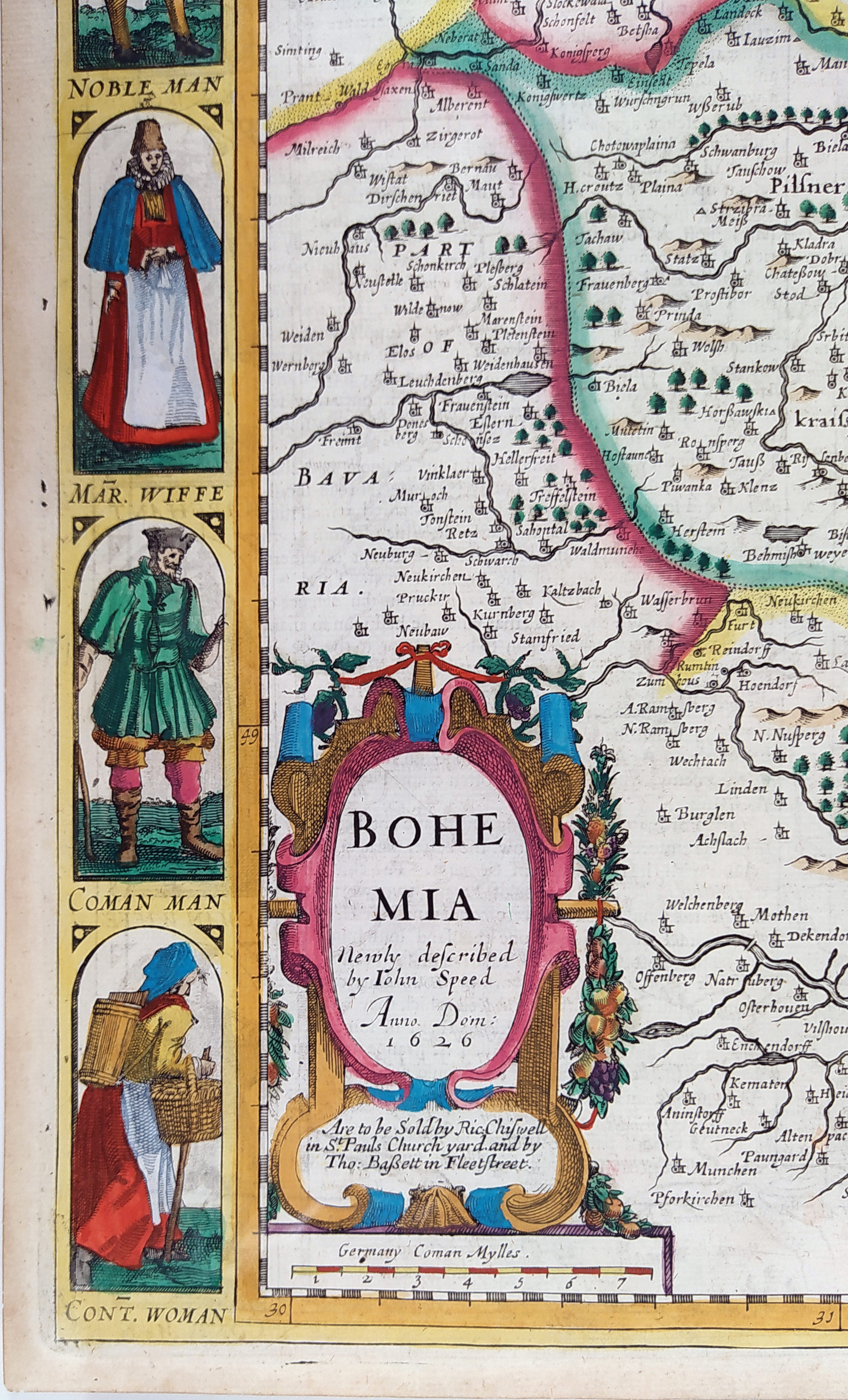 Čechy – Bohemia Newly described, John Speed, původní staře kolorovaný mědiryt, 1626