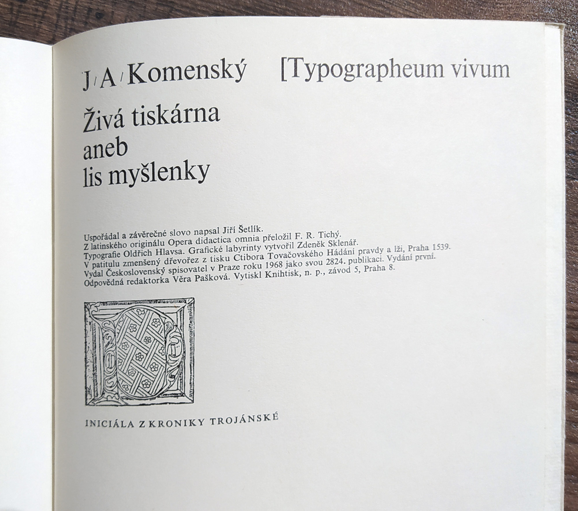 Komenský Jan Amos, Sklenář Zdeněk – Typographeum vivum, Živá tiskárna aneb lis myšlenky, 1. vydání, 1968