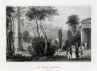 Brno – Špilberk a Obelisk v Denisových sadech, původní oceloryt, ca 1840
